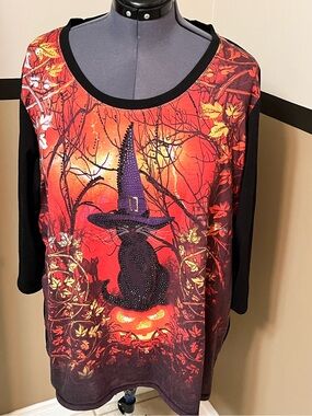 Whimsigoth Black Cat Sequin Fall Halloween Tunic Top, L Onque Casuals oversized